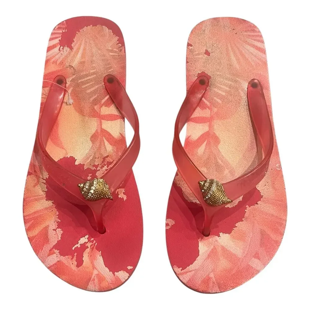 Miss Trish Tropical Pink Shell Rhinestone Flip Flops Y2K Resort Sandals 7